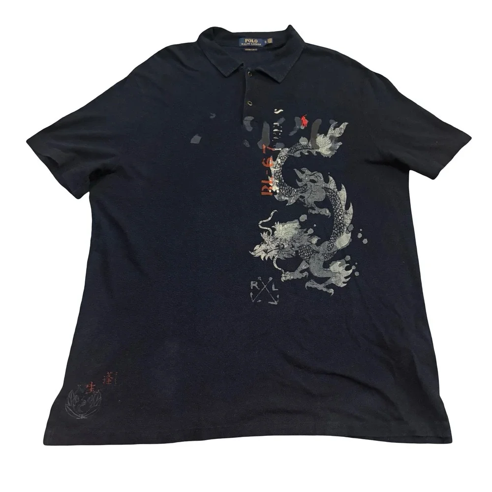 Polo Ralph Lauren Mens XL Custom‎ Slim Fit Dragon Graphic Polo Shirt Navy Blue